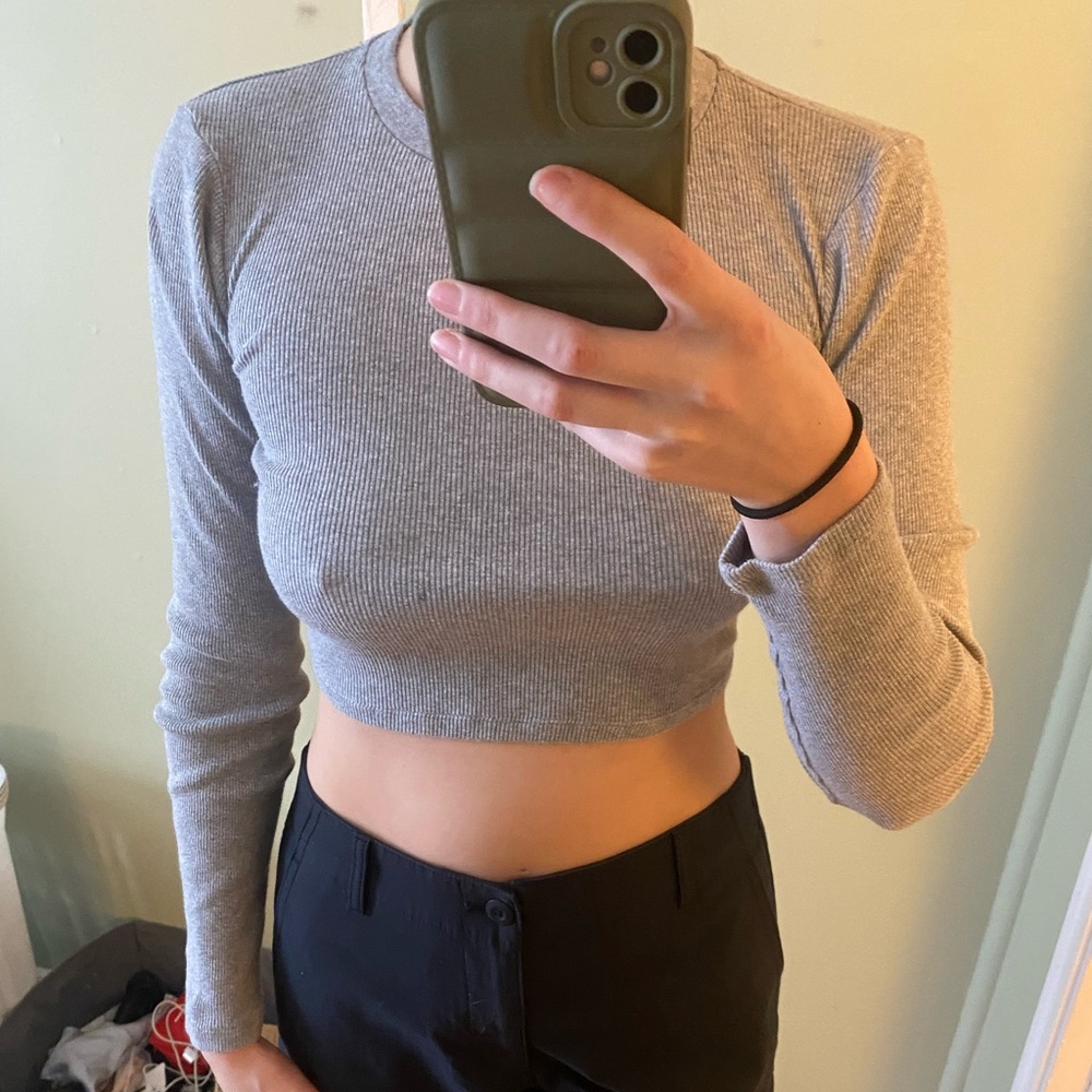 Aritzia Cropped Grey Long Sleeve Ribbed Top